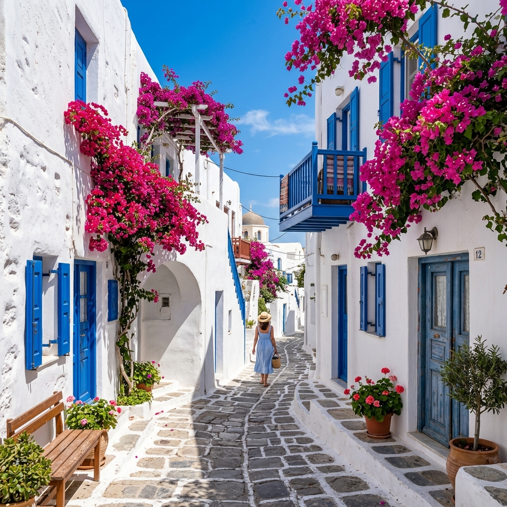 Whitewashed street with bougainvillea